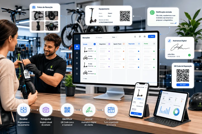 Ecrã do software de gestão para oficinas de trotinetes e bicicletas eléctricas
