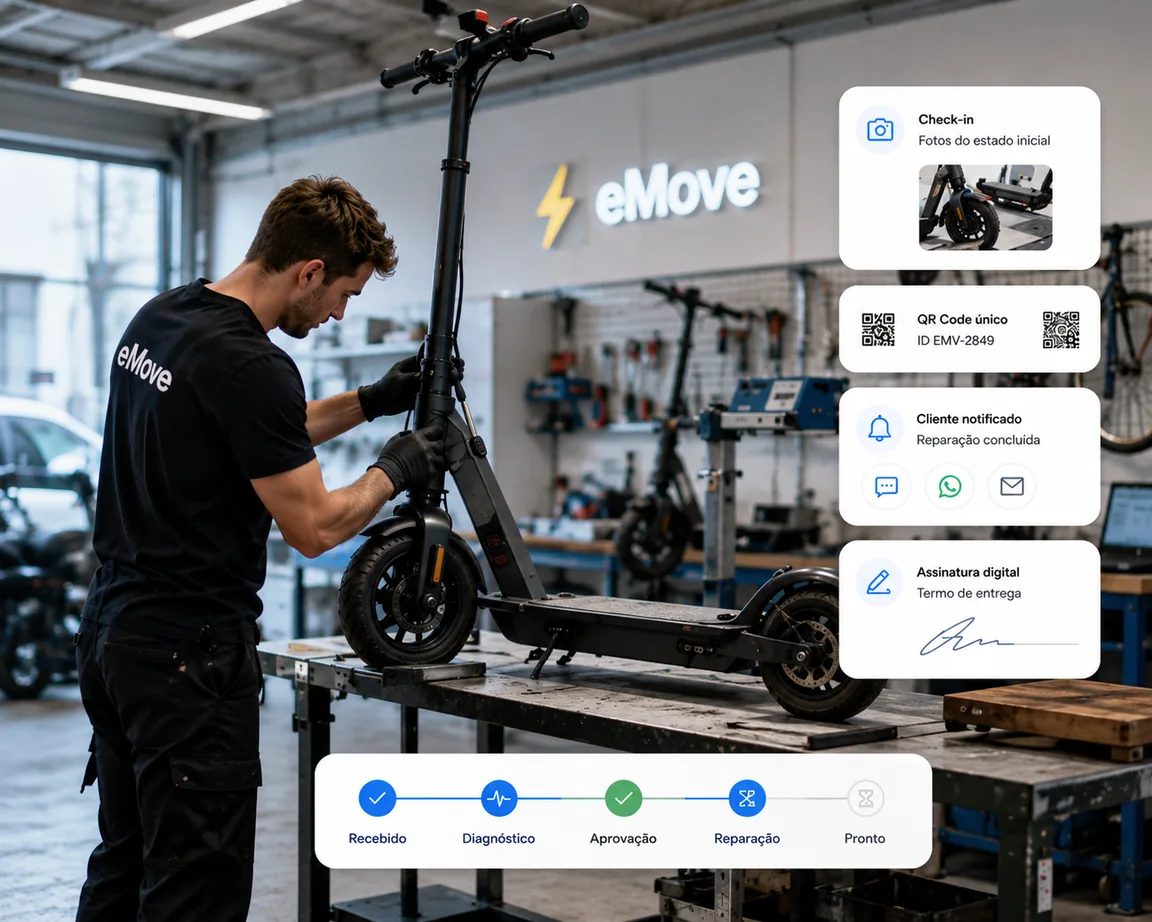 Ecrã do software de gestão para oficinas de trotinetes e bicicletas eléctricas